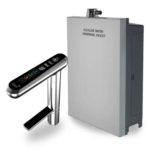 "IonPlus Undersink Alkaline Water Ionizer installed under a kitchen sink with sleek stainless steel faucet dispenser."