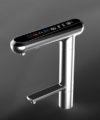 IonPlus UD3000 stainless steel faucet with matching base unit for undersink alkaline water ionizer system, displayed on a countertop.